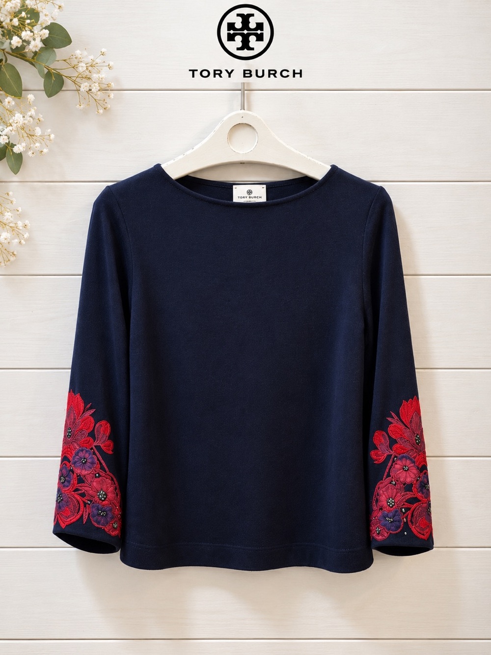 TORY BURCH Navy Floral Sleeve Top M